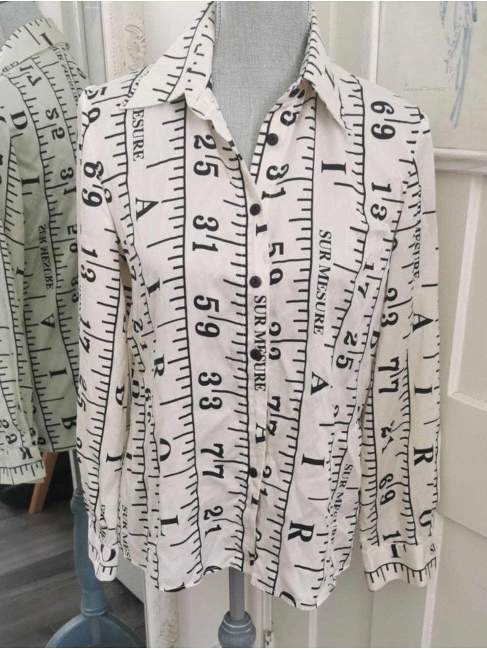 Jean Airoldi Silk White Button-Up Shirt with Black Ruler Measurement Print. M